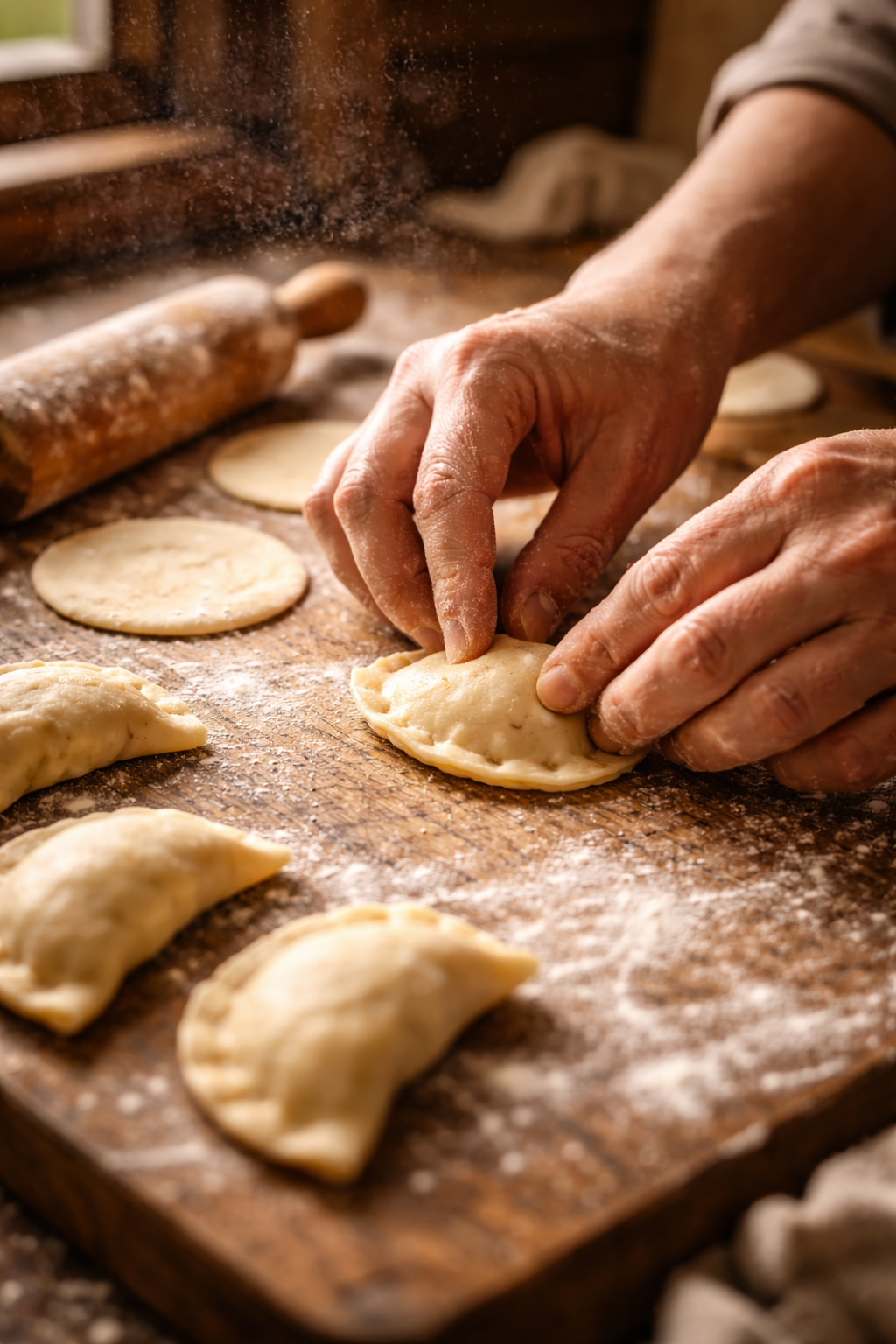 Hände beim Formen von Pierogi — Handarbeit